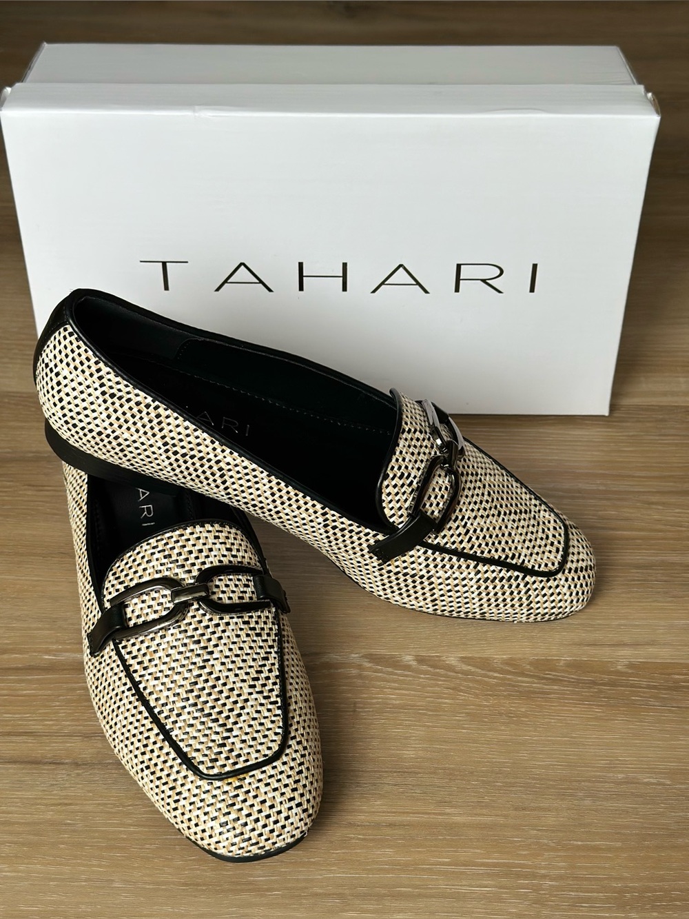 Tahari Woven Raffia Loafers with Chain Accent - Cream & Black 9
